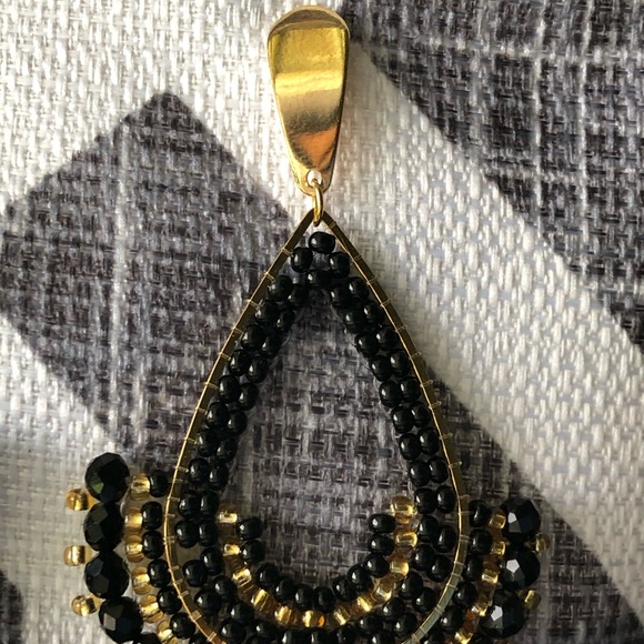 Gold teardrop earrings with black & gold beads - Picture 3 of 5